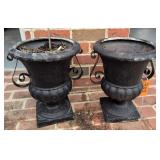 2 Fiberglass Black Planter Urns. Scroll Arms,