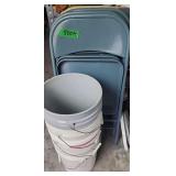 4 Metal Folding Chairs, Empty 5 Gallon Buckets.