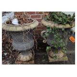 2 Fiberglass Gray Urn Planters. Grape Motif. 1