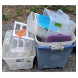 Plastic Storage Totes. Outside Backyard