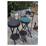 Hanging Metal Stand, 2 Folding Stools. 13x31'.