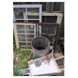Wooden Frame Windows, Galvanized Bucket,