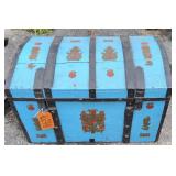 Blue Painted Dome Top Trunk. 27x16x18'. Outside