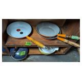 3 Orange Le Creuset Mcm Skillets. Teapot. Second