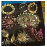 9 Brooches. Colored Rhinestone, Gold Tone, Flower