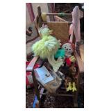 Rocking Chair, Stuffies. Raggedy Ann, Rooster,
