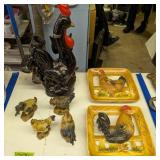 Rooster Figurines. Japan Redware Decanter W Cups,
