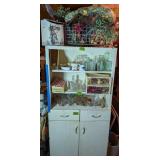 Metal Cabinet, Bottles, Mugs, Metal Basket,