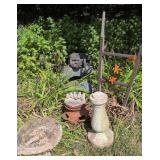 Barrel Hand Truck, Concrete Bird Bath, Strawberry