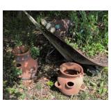 Strawberry Pots, Broken Wheelbarrow. Outside