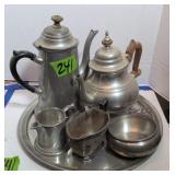 Sheffield English Pewter Tea Set, Tray. Queen Art