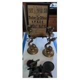 Iron Amish Scale, Brass Fish Candlestick Holders,