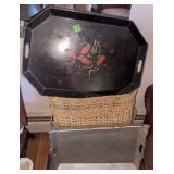 Painted Folk Art Toleware Tray 26x18', Wicker