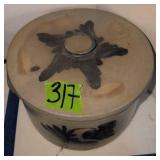 Antique Cobalt Decorated Stoneware Cake Crock.