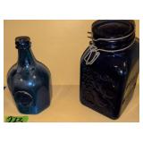 Cobalt Glass Covered Jar, Bottle Jn Greenhouse