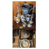 Pewter, Side Table. Pitcher, Candle Holders,