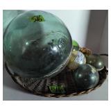 Glass Fish Net Floats, Art Glass Ball, Wicker