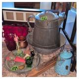 Graniteware Bowl, Pitcher, Pie Bird,  Ruby Glass