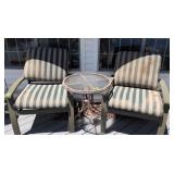 2 Aluminum Patio Chairs, Glass Top Table. Outside