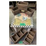 Rooster Decorated Side Table, Blue Painted Stool,