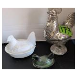 3 Hen On Nests. Green Glass, Milk Glass With A