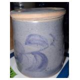 Cobalt Decorated Stoneware Covered Jar Signed