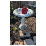 Blue painted concrete bird bath, Rose bird water,