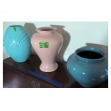3 Vases. Turquoise Hanger With Chip At Top Rim,