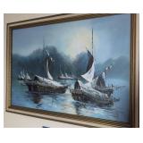 Lim H.k. Singed O/c Fishing Boat Painting 41x28'.