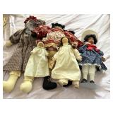 5 dolls , rag dolls, porcelain, and wooden