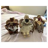 3 wicker chairs, darner male doll, rag doll, alps