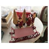 heavy red metal sleigh, santa, 2 carolers,