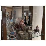 2 decanters, lenox saucer cups, 2 trinket boxes