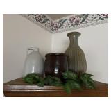 E.S.&B jug, crock and pottery vase top of curio