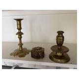 2 brass candle holders, 1 other small trinket box