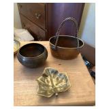 3 brass pieces, leaf, basket, and bowl