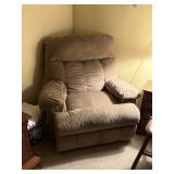 large light brown recliner, storage in arms