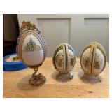 3 Fabrige Goose eggs w/ ballerina, deer, farm scen