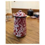 red speckled enamel canister with lid 8' tallx 4'