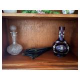 glass decanter, red 10' vase very pretty