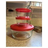 3 glass pyrex bowls with lids, 1qt, and 2 (1 cups)