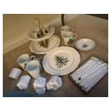 christmas tiered serving tray, 6 small cups, 4 mug
