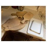 3 wood , 2 white poly cutting boards  kitchen