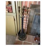 fireplace set, 5 pc holder, broom, shovel, poker