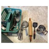 caddy with kitchen utensils, sifter, rolling pin,