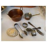 copper pot, ladle, several silver plated pieces