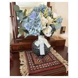 large blue hobnail design vase with flowers & rug