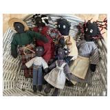 large silver basket with 6 pc rag doll set