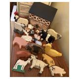 wood barn , wood animals, straw bales