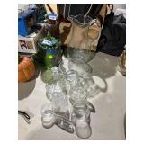 Clear glass etched pitcher, cream and sugar,